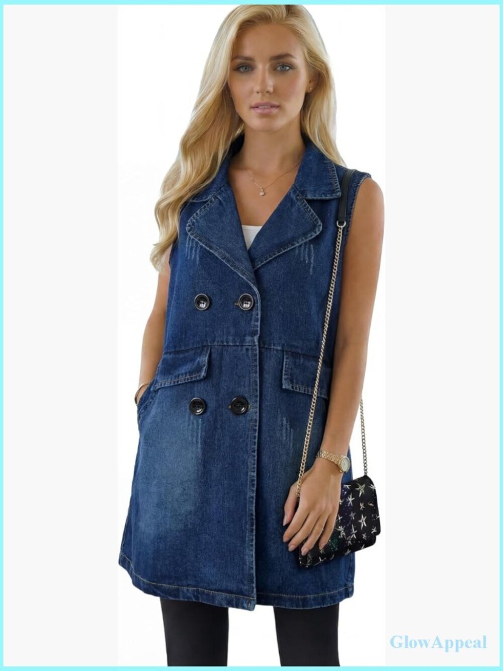 Womens Sleeveless Long Denim Vest with Pockets Casual Distressed Lightweight